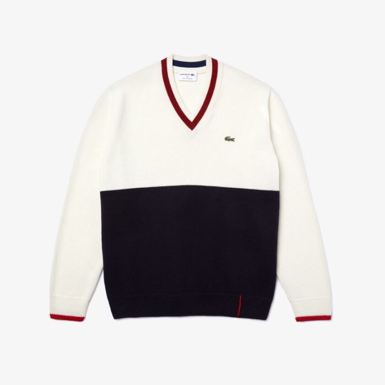 Lacoste Made in France Two-Tone Wool V-Neck Kazak Lacivert Mavi Beyaz Koyu Kırmızı | jPPSmGhu