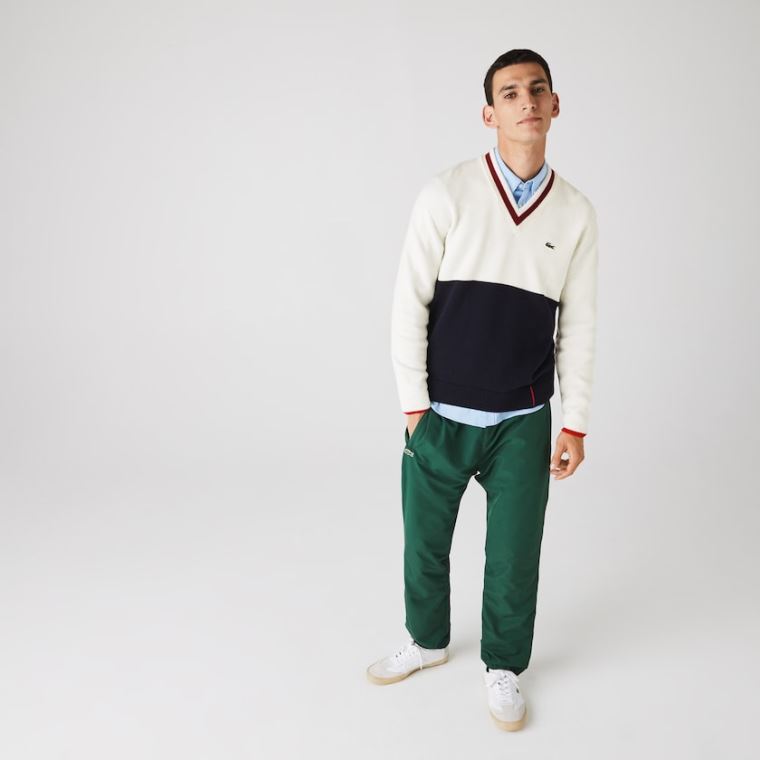 Lacoste Made in France Two-Tone Wool V-Neck Kazak Lacivert Mavi Beyaz Koyu Kırmızı | jPPSmGhu