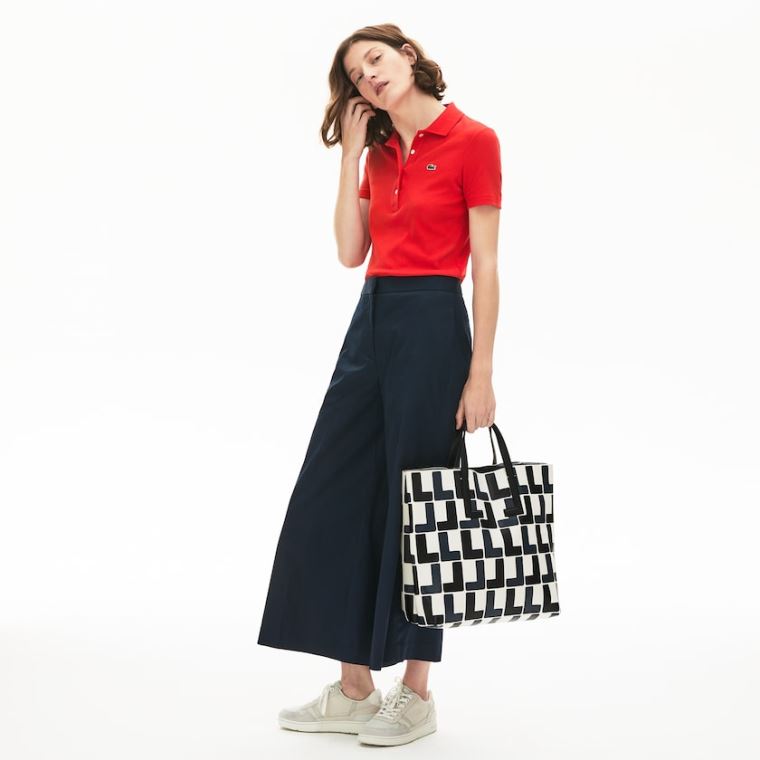 Lacoste Moda Show Monogram Deri Double Tote Beyaz Siyah | BnG5bMFs