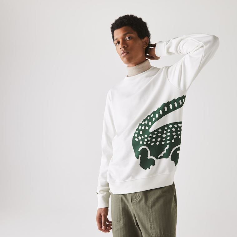 Lacoste Oversize Croc Crew Neck Pamuklu Sweatshirt Beyaz | Gwo7u5Rr