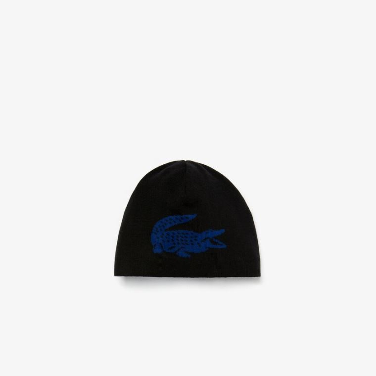 Lacoste Oversized Contrast Crocodile Reversible Wool Beanie Siyah Mavi | X6R16O2Y