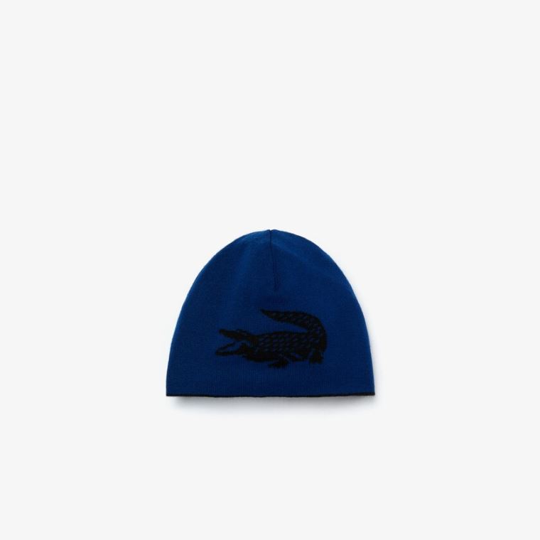 Lacoste Oversized Contrast Crocodile Reversible Wool Beanie Siyah Mavi | X6R16O2Y