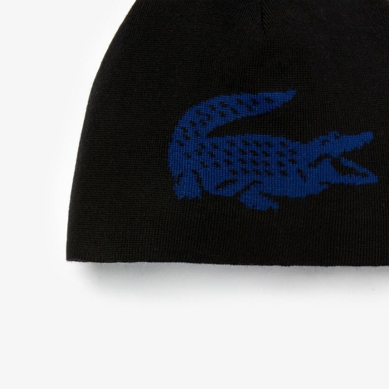 Lacoste Oversized Contrast Crocodile Reversible Wool Beanie Siyah Mavi | X6R16O2Y