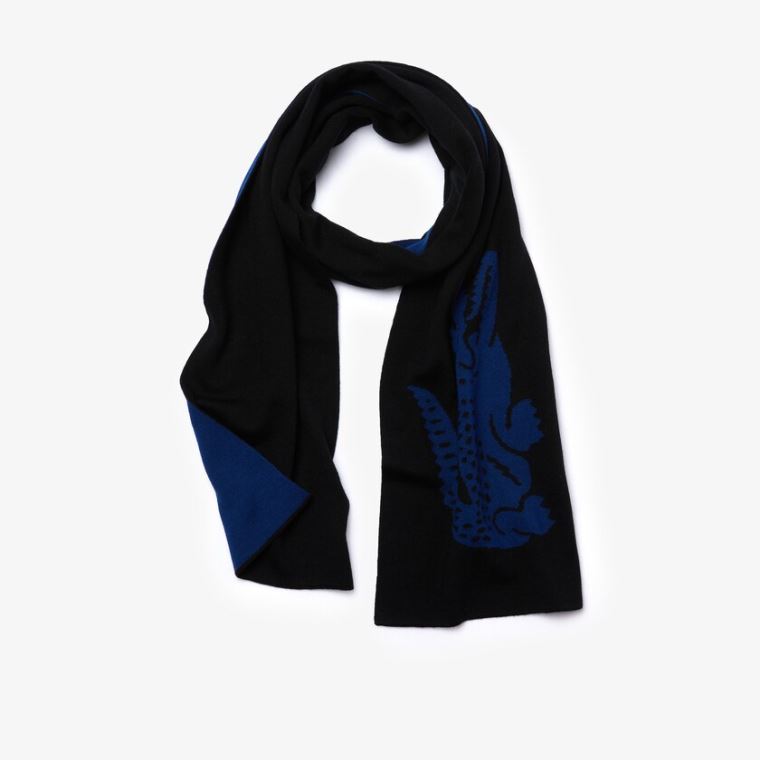 Lacoste Oversized Crocodile Rectangular Wool Scarf Siyah Mavi | Z9HuWugz