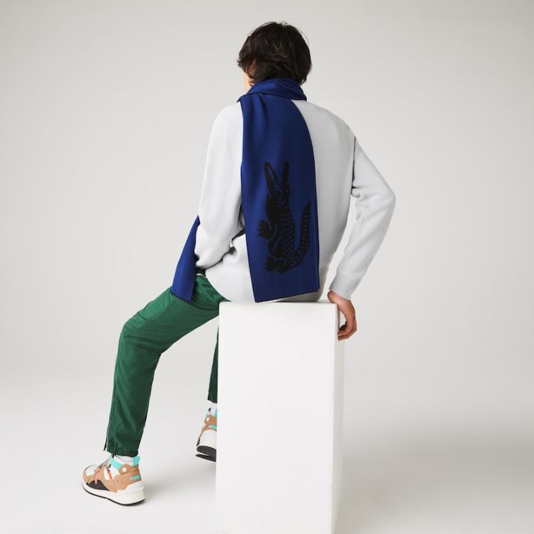 Lacoste Oversized Crocodile Rectangular Wool Scarf Siyah Mavi | Z9HuWugz