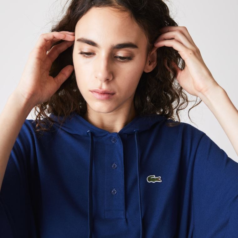 Lacoste Oversized Kukuletalı Organic Pamuklu Piqué Polo Elbise Lacivert Mavi | GF8D17N2