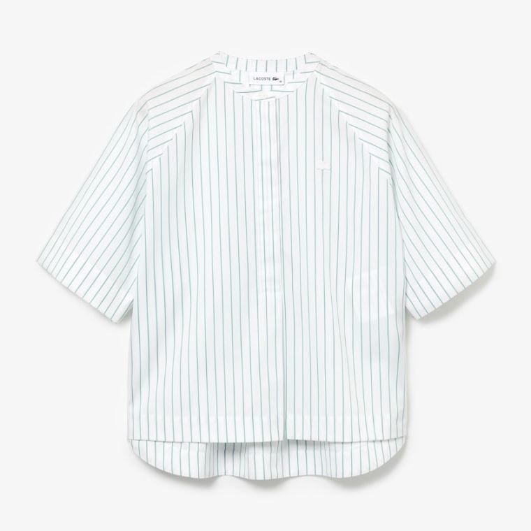 Lacoste Oversized Mao Collar Striped Pamuklu Poplin Blouse Beyaz Yeşil | LXqUQv3C