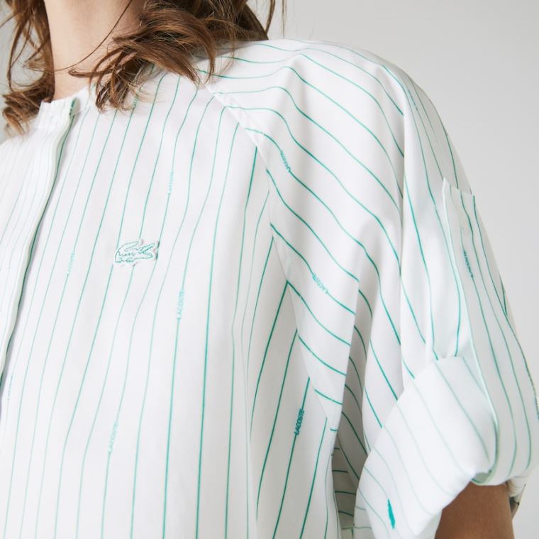 Lacoste Oversized Mao Collar Striped Pamuklu Poplin Blouse Beyaz Yeşil | LXqUQv3C