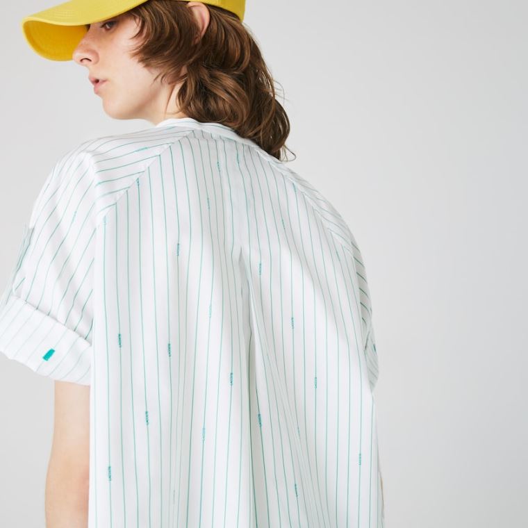 Lacoste Oversized Mao Collar Striped Pamuklu Poplin Blouse Beyaz Yeşil | LXqUQv3C