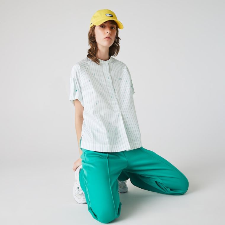 Lacoste Oversized Mao Collar Striped Pamuklu Poplin Blouse Beyaz Yeşil | LXqUQv3C