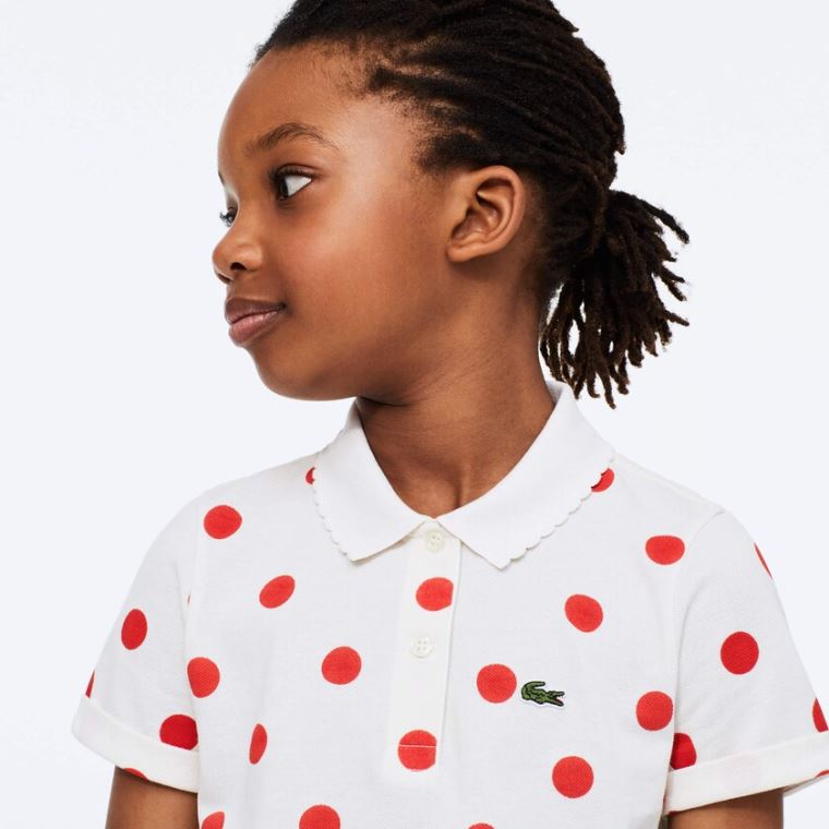 Lacoste Polka Dot Scalloped Collar Pamuklu Petit Piqué Polo Beyaz Kırmızı | dyvwcwYZ