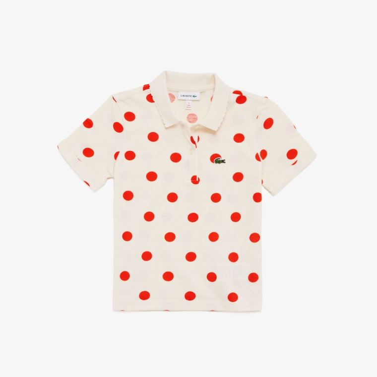 Lacoste Polka Dot Scalloped Collar Pamuklu Petit Piqué Polo Beyaz Kırmızı | dyvwcwYZ