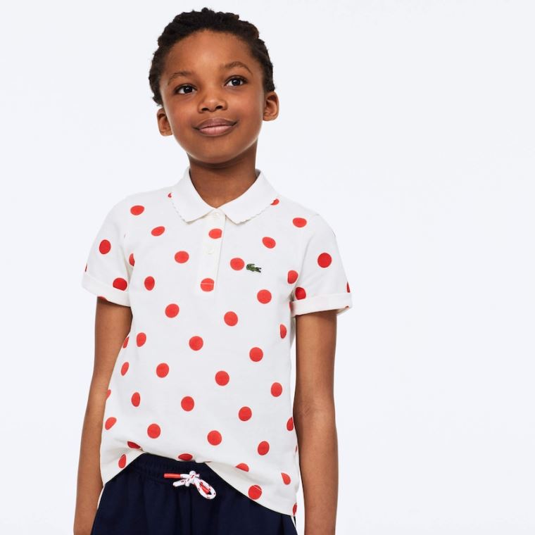 Lacoste Polka Dot Scalloped Collar Pamuklu Petit Piqué Polo Beyaz Kırmızı | dyvwcwYZ