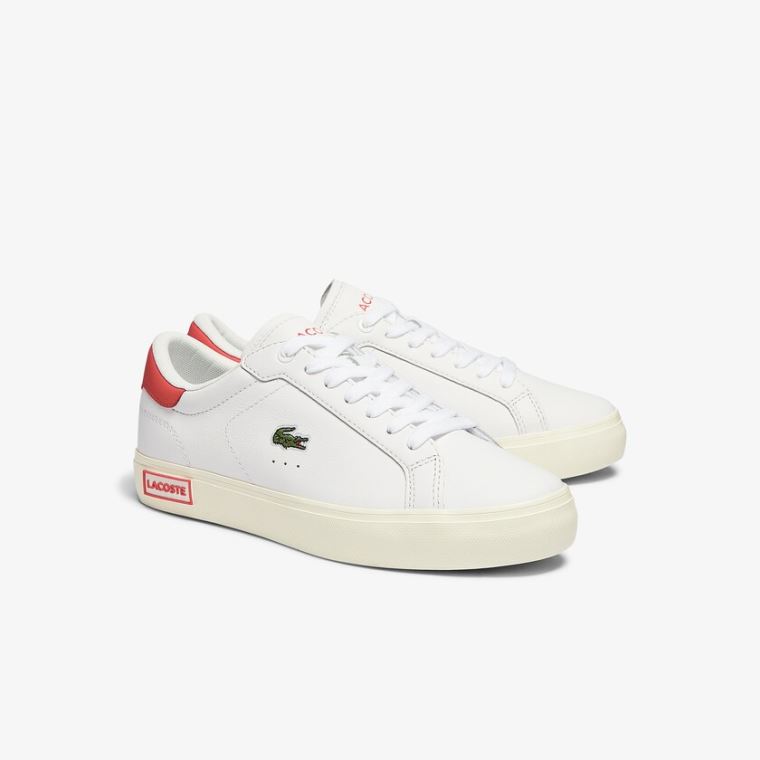 Lacoste Powercourt Deri Popped Heal Sneakers Beyaz Bej Rengi | T4B3UA3w