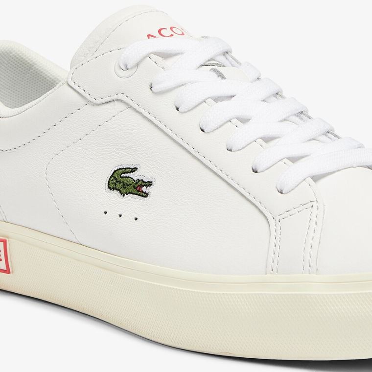 Lacoste Powercourt Deri Popped Heal Sneakers Beyaz Bej Rengi | T4B3UA3w