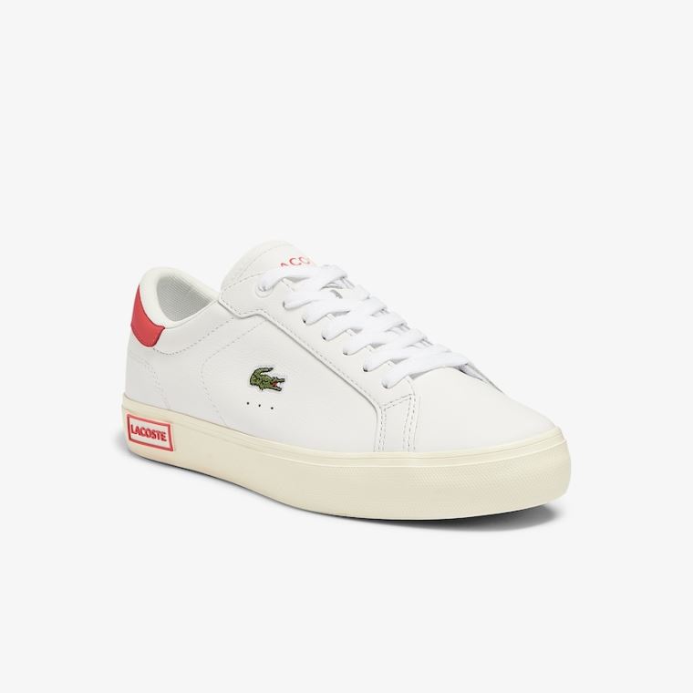 Lacoste Powercourt Deri Popped Heal Sneakers Beyaz Bej Rengi | T4B3UA3w