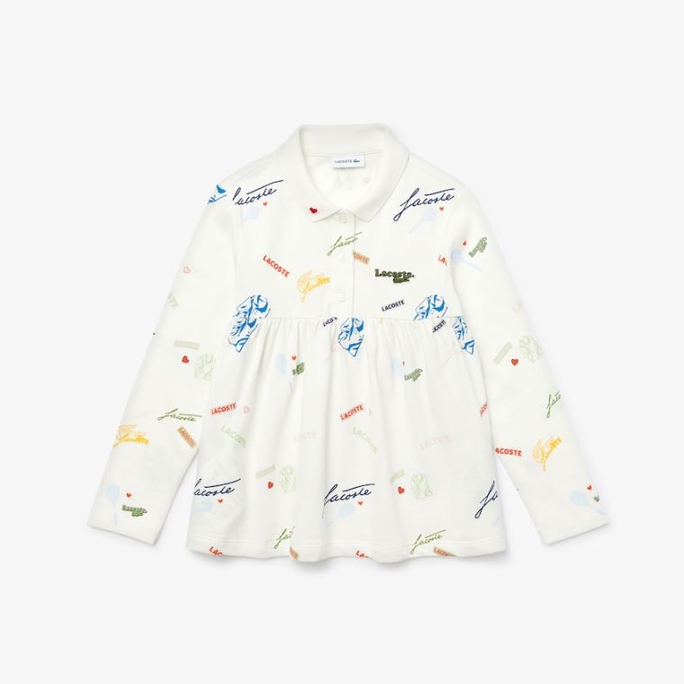 Lacoste Print Flounced Pamuklu Piqué Polo Shirt Beyaz | adQaTSXr