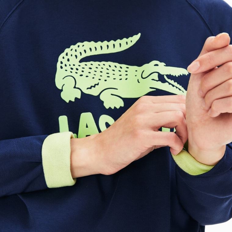 Lacoste Printed Fleece Sweatshirt Lacivert Mavi Sarı | YTFg3szO