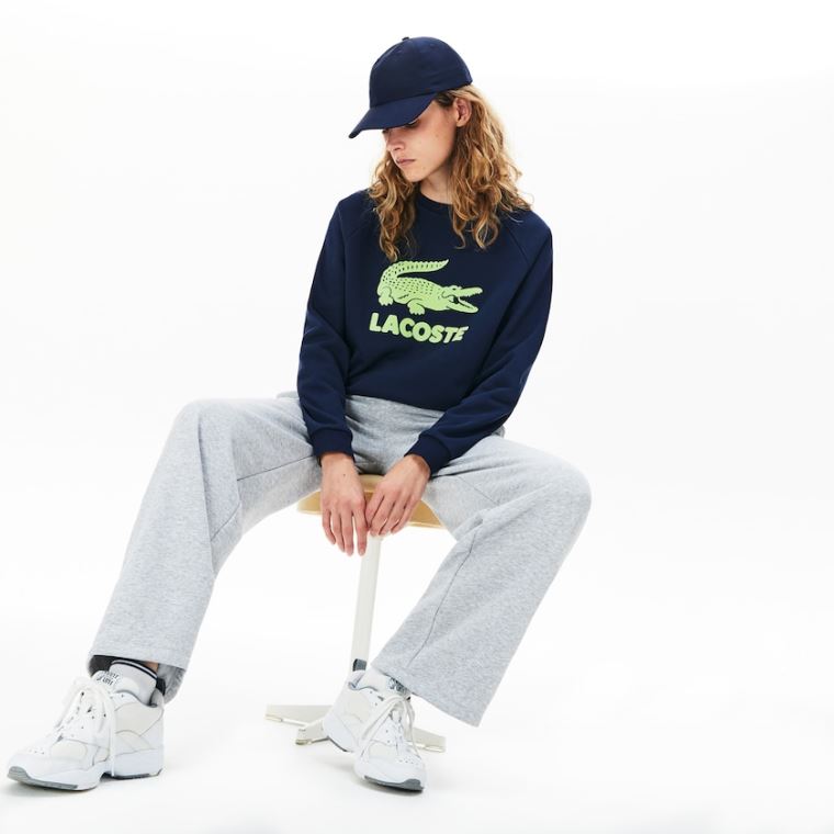 Lacoste Printed Fleece Sweatshirt Lacivert Mavi Sarı | YTFg3szO