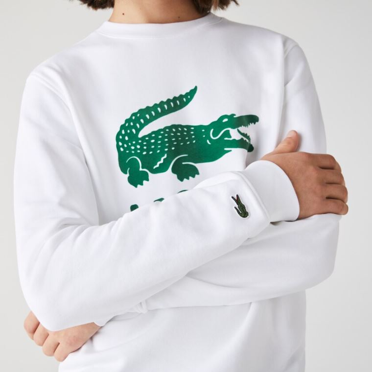 Lacoste Printed Logo Fleece Crew Neck Sweatshirt Beyaz | VbTFUMtv