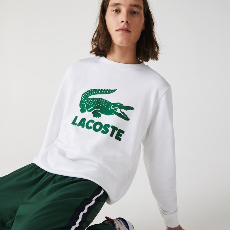 Lacoste Printed Logo Fleece Crew Neck Sweatshirt Beyaz | VbTFUMtv