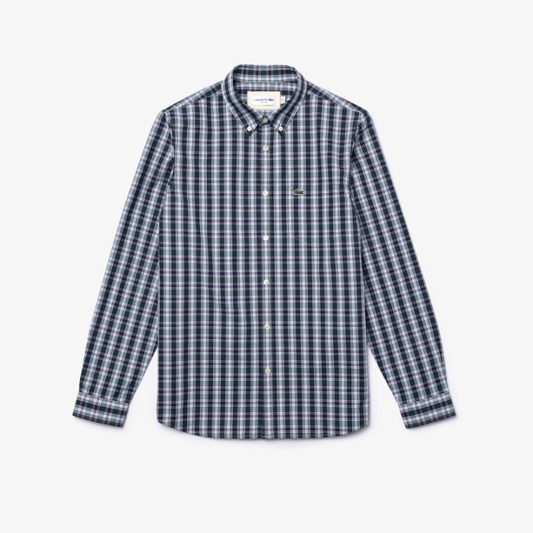 Lacoste Regular Fit Checked Pamuklu Poplin Shirt Lacivert Mavi Beyaz Yeşil | RwpQLA88