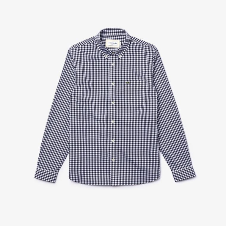 Lacoste Regular Fit Gingham Pamuklu Poplin Shirt Beyaz Lacivert Mavi | QFQmcKpZ