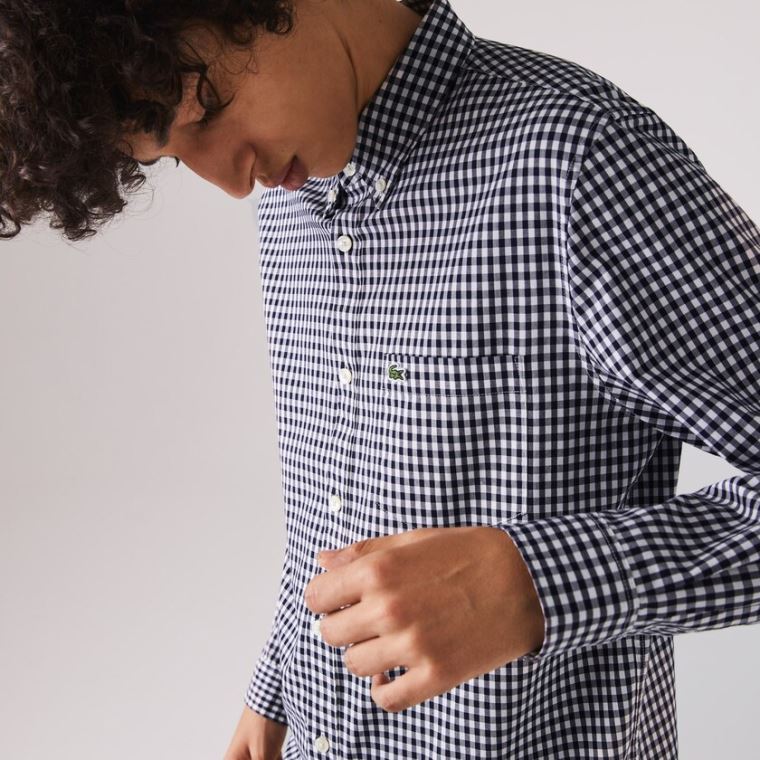 Lacoste Regular Fit Gingham Pamuklu Poplin Shirt Beyaz Lacivert Mavi | QFQmcKpZ