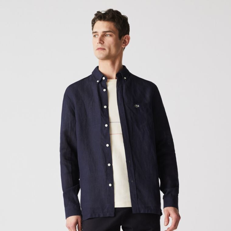 Lacoste Regular Fit Linen Shirt Lacivert Mavi | 0NuksIfe