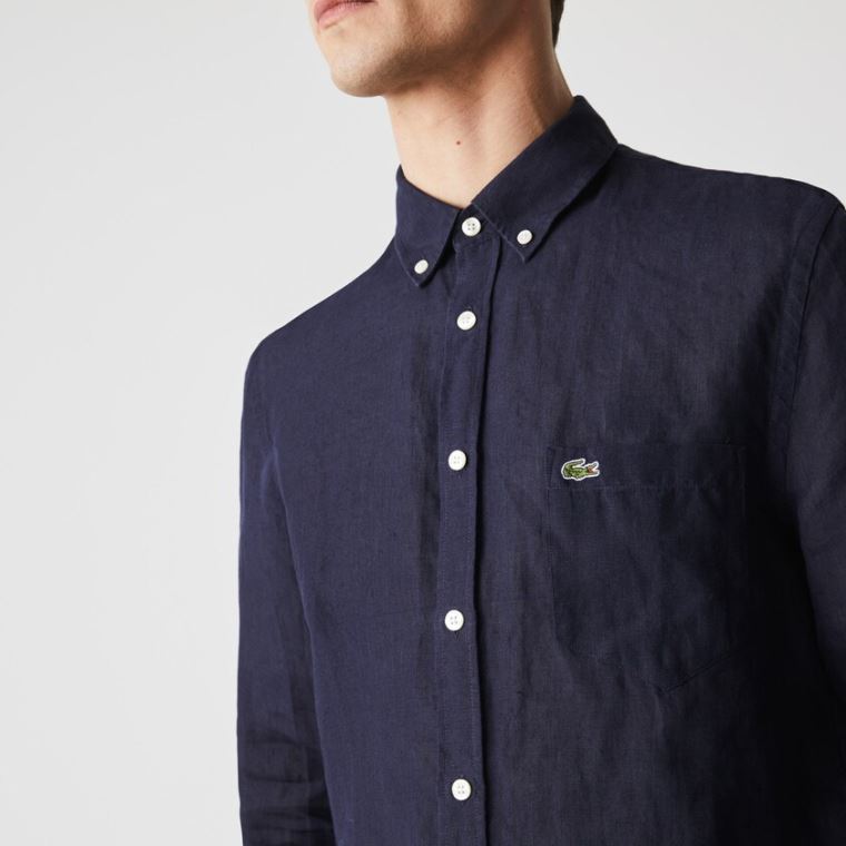 Lacoste Regular Fit Linen Shirt Lacivert Mavi | 0NuksIfe