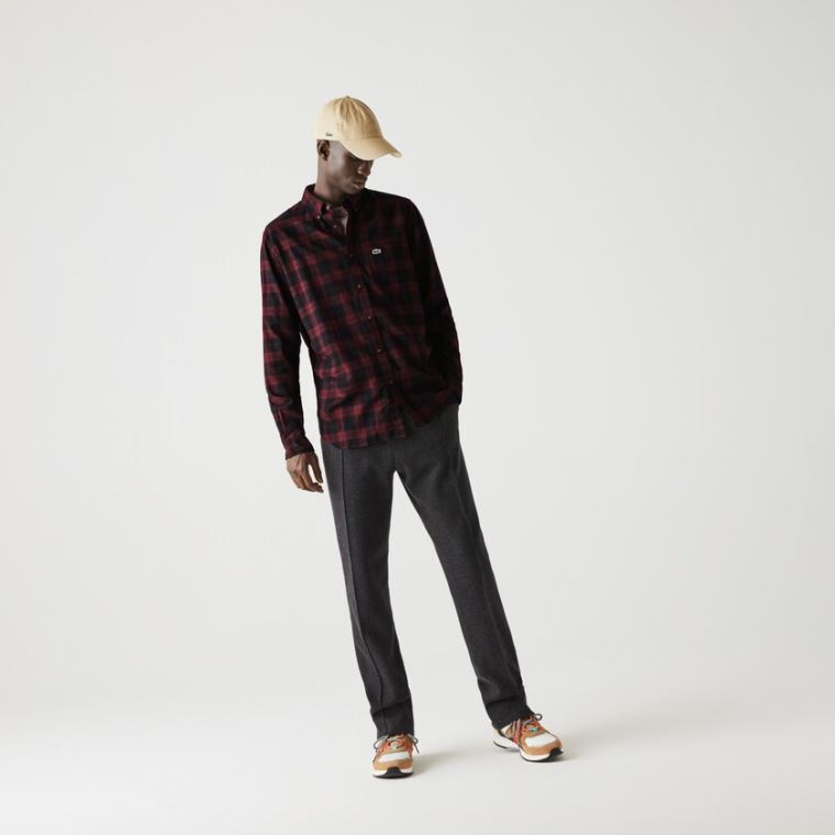 Lacoste Regular Fit Pamuklu Twill Checkered Shirt Siyah Bordo | IknpDwdn