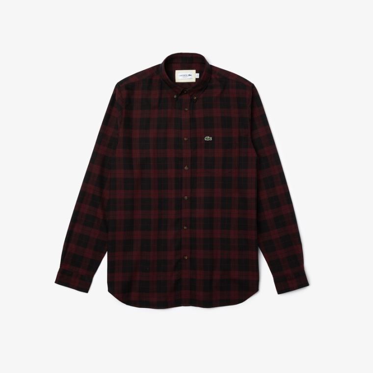 Lacoste Regular Fit Pamuklu Twill Checkered Shirt Siyah Bordo | IknpDwdn