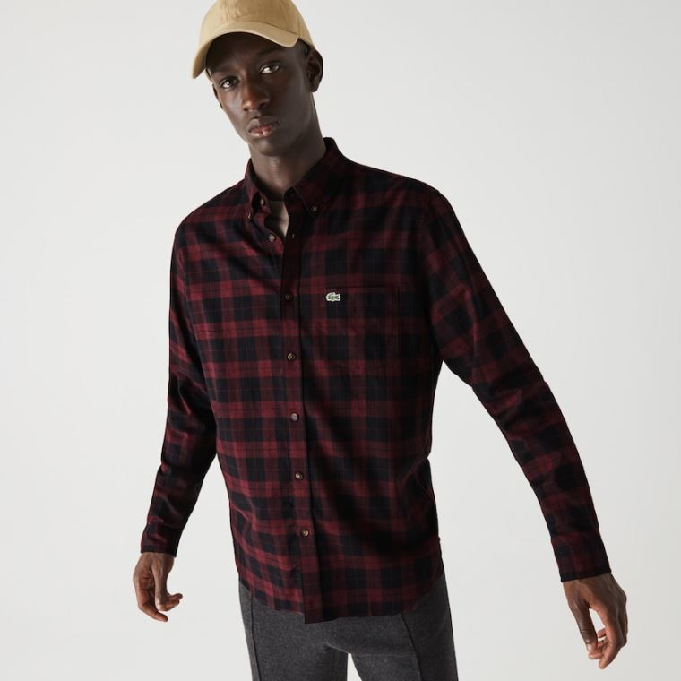 Lacoste Regular Fit Pamuklu Twill Checkered Shirt Siyah Bordo | IknpDwdn