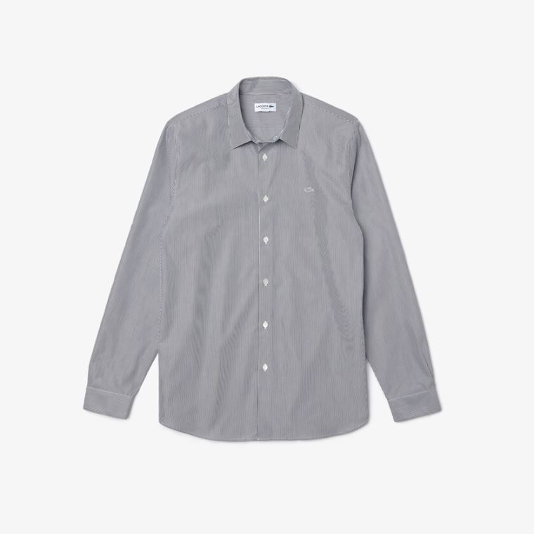 Lacoste Regular Fit Striped Pamuklu Poplin Shirt Beyaz Siyah | lSiqESzt