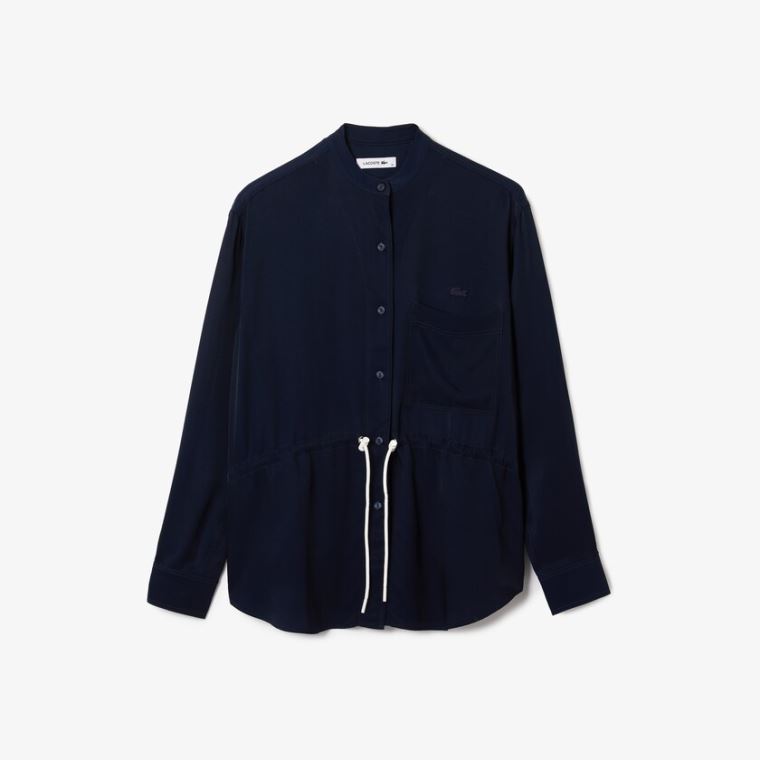 Lacoste Relaxed Fit Adjustable Belli Flowy Mao Collar Shirt Lacivert Mavi | GZjWwRvx