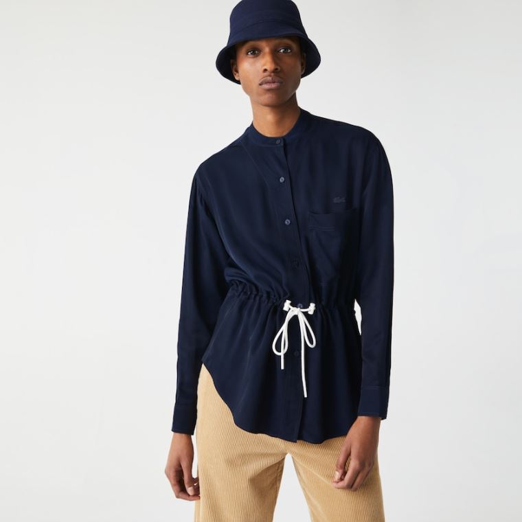 Lacoste Relaxed Fit Adjustable Belli Flowy Mao Collar Shirt Lacivert Mavi | GZjWwRvx