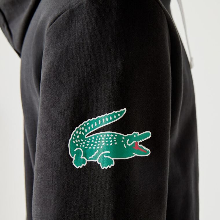 Lacoste SPORT Crocodile Print Kukuletalı Pamuklu Sweatshirt Siyah | FWVB7bgB