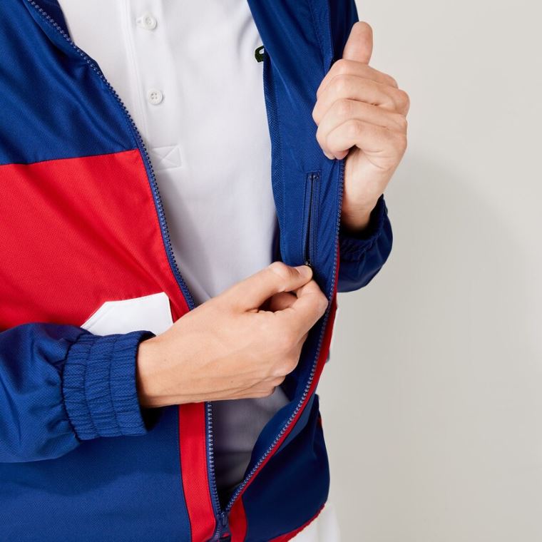 Lacoste SPORT Kukuletalı Su-Resistant Colorblock Jacket Mavi Kırmızı Beyaz | mwrxwYZZ