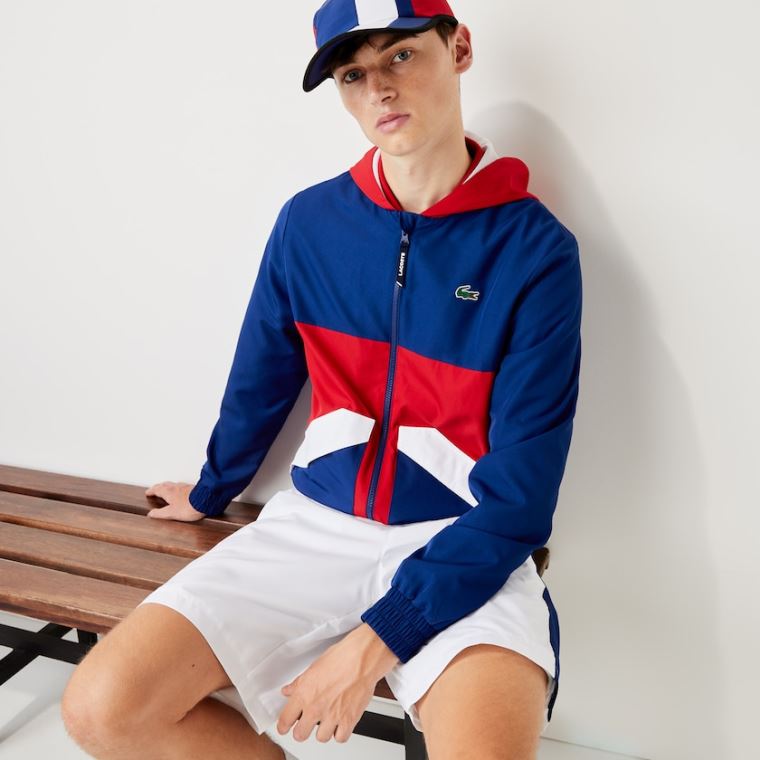 Lacoste SPORT Kukuletalı Su-Resistant Colorblock Jacket Mavi Kırmızı Beyaz | mwrxwYZZ