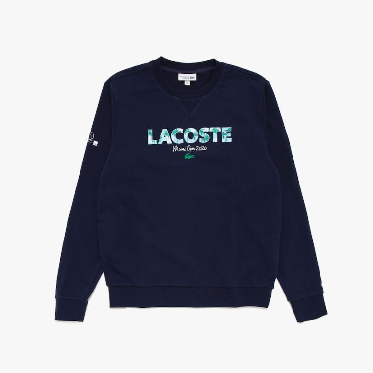 Lacoste SPORT Miami Open Print Fleece Sweatshirt Lacivert Mavi Beyaz | RKQ2KeEu