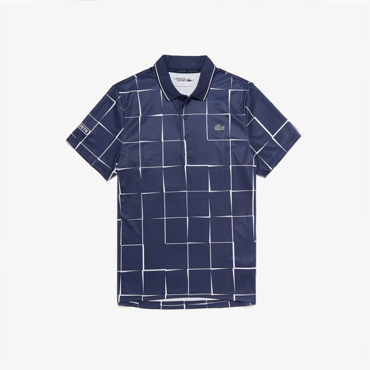 Lacoste SPORT Nefes Alabilir Print Piqué Tenis Polo Shirt Lacivert Mavi Beyaz | ZJ67AImJ