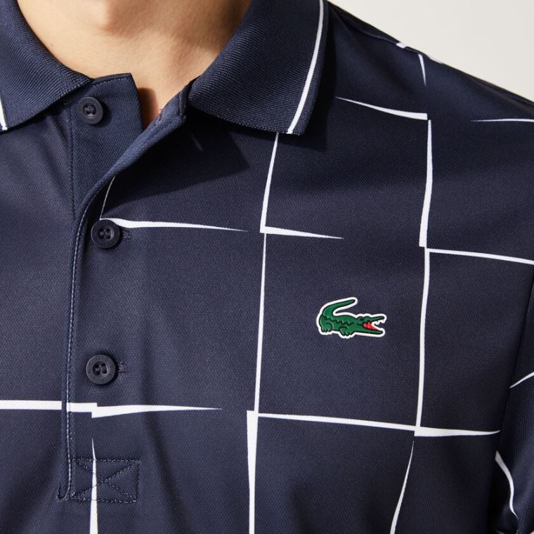 Lacoste SPORT Nefes Alabilir Print Piqué Tenis Polo Shirt Lacivert Mavi Beyaz | ZJ67AImJ