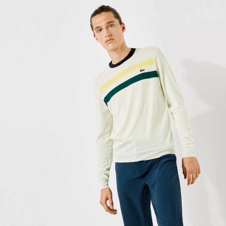 Lacoste SPORT Nefes Alabilir Striped Wool Golf Kazak Beyaz Sarı Yeşil Lacivert Mavi | Nke1AIEQ