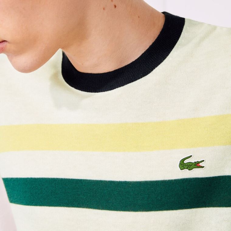 Lacoste SPORT Nefes Alabilir Striped Wool Golf Kazak Beyaz Sarı Yeşil Lacivert Mavi | Nke1AIEQ