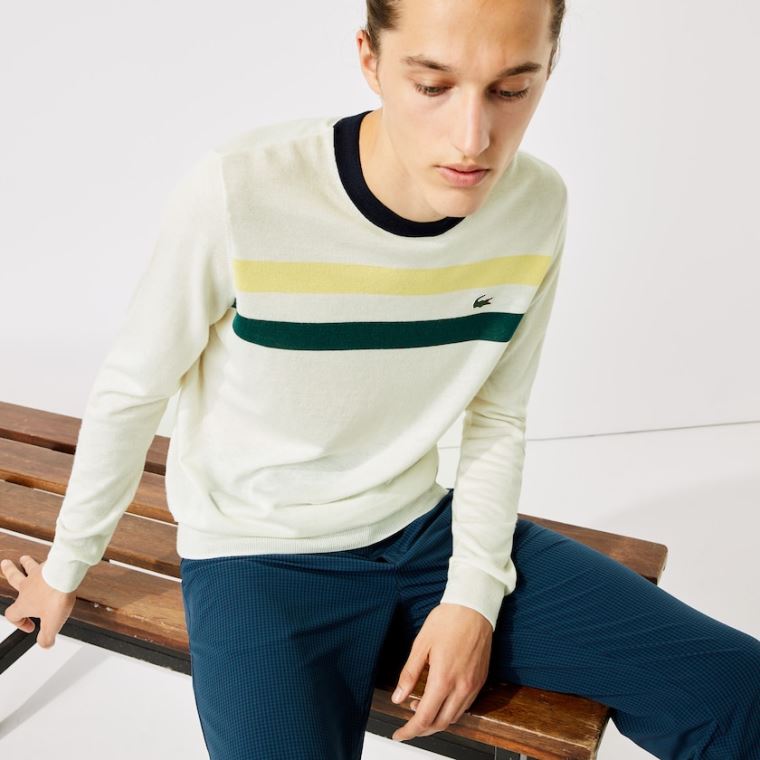 Lacoste SPORT Nefes Alabilir Striped Wool Golf Kazak Beyaz Sarı Yeşil Lacivert Mavi | Nke1AIEQ