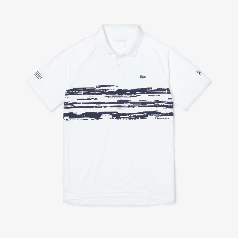 Lacoste SPORT Novak Djokovic Stretch Print Jersey Polo Beyaz Lacivert Mavi | ZCaSSBu6