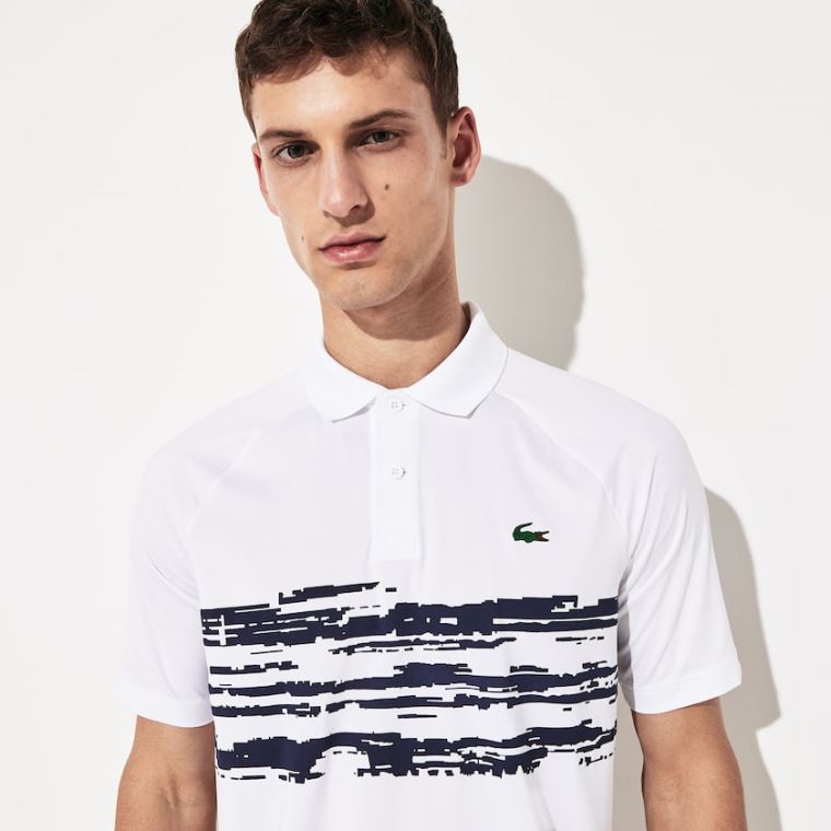 Lacoste SPORT Novak Djokovic Stretch Print Jersey Polo Beyaz Lacivert Mavi | ZCaSSBu6