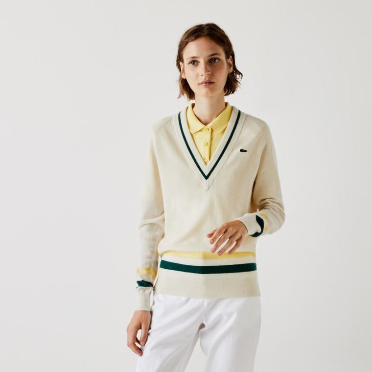 Lacoste SPORT Recycled Cashmere V-neck Golf Kazak Beyaz Sarı Yeşil | NCPPve4M