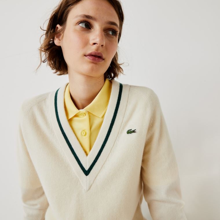 Lacoste SPORT Recycled Cashmere V-neck Golf Kazak Beyaz Sarı Yeşil | NCPPve4M