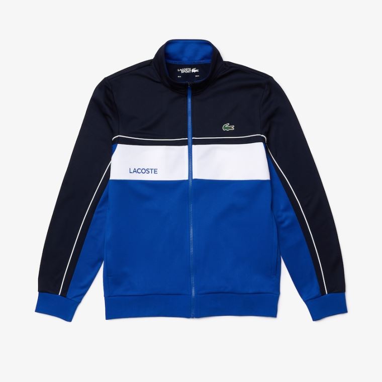 Lacoste SPORT Resistant Colourblock Piqué Zip Sweatshirt Lacivert Mavi Mavi Beyaz Mavi | tnng4Oll